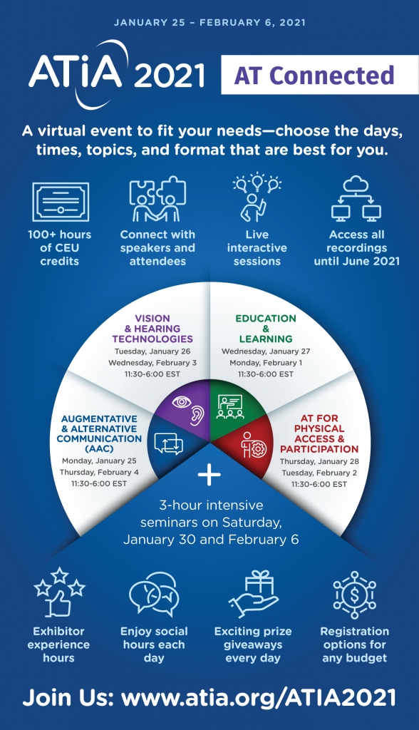 Graphic displaying ATIA's virtual event highlighting how you can choose the days, times, topics and budget best for you.