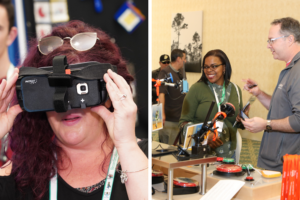 two photos: on left is woman with virtual reality glasses on right is man and woman standing by table with display of switches 