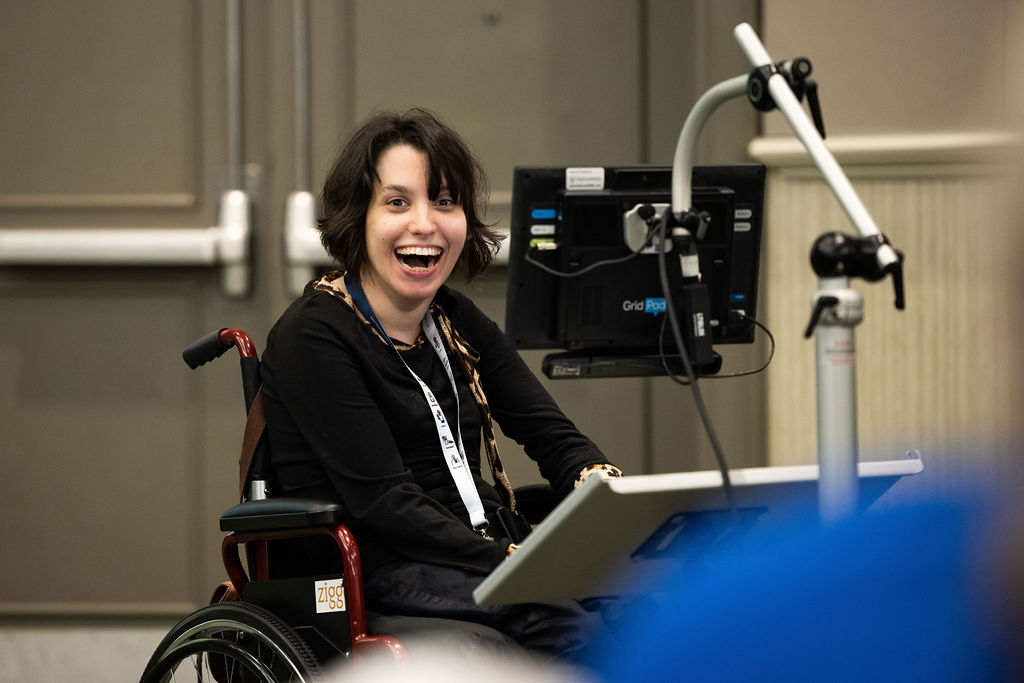 Ashley Mohesky smiles while giving her 2023 Prentke Lecture, sponsored by PRC-Saltillo