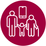 Aging & AT Strand icon. Picture shows a child, adult and senior adult with a walking stick with a mobile device above the group in the center.