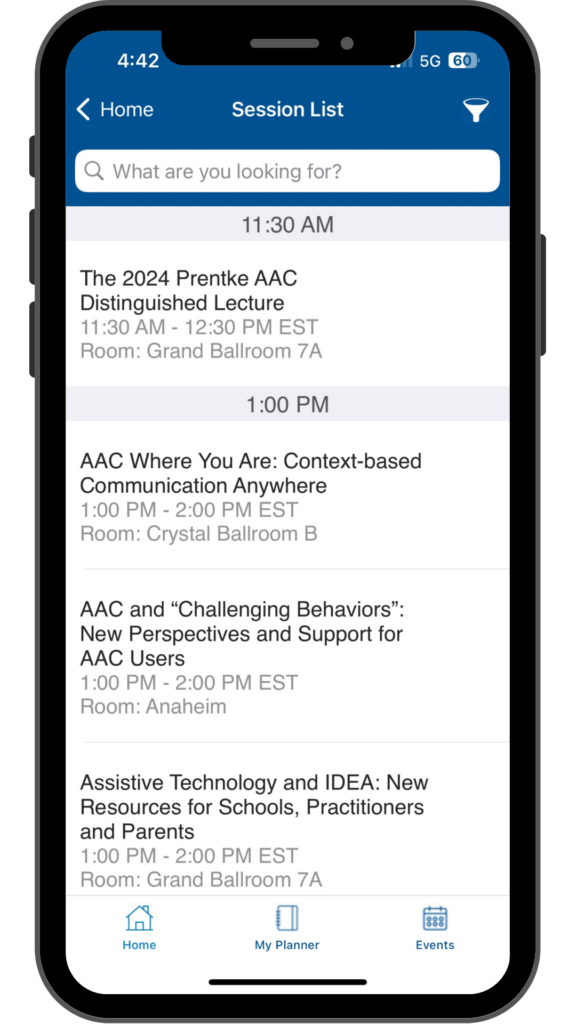 screenshot of session list on ATIA 2024 mobile app