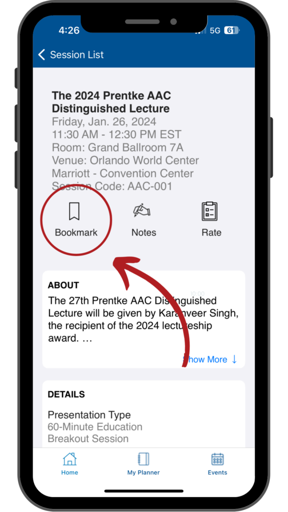 screenshot that shows how to bookmark a session in the AITA 2024 mobile app