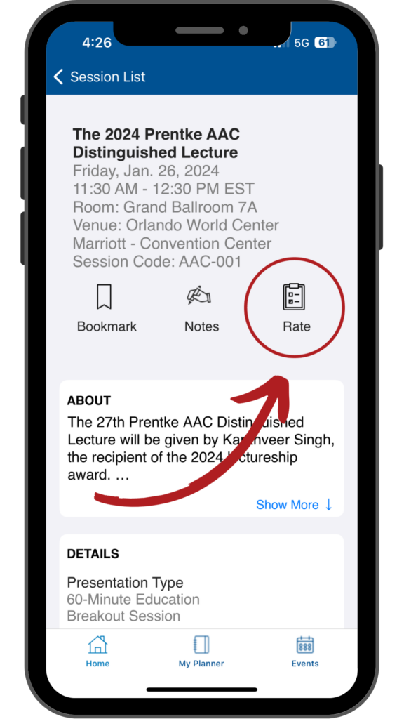 screenshot to show you how to rate a session on the ATIA 2024 mobile app