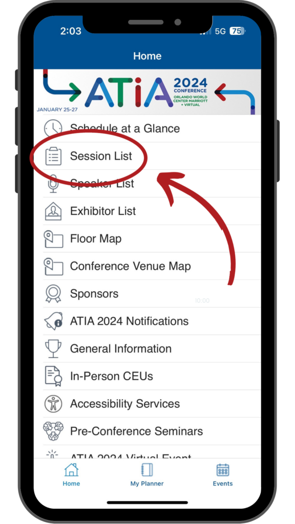 screenshot of how to access sessions on the ATOA 2024 mobile app