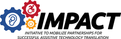 IMPACT Center at University of Pittsburgh logo. There is a large blue cog with an ear and a hearing aid in the center. A smaller red cog is up and to the right. There is an icon of a person in a wheelchair in the center. Below this is a small yellow cog with an icon of a power button in the center. To the right of the cogs in large all caps letters is the word 