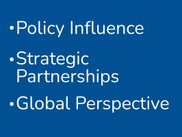 Board member skills graphic. The text reads, Policy influence, strategic partnerships, and global perspective.