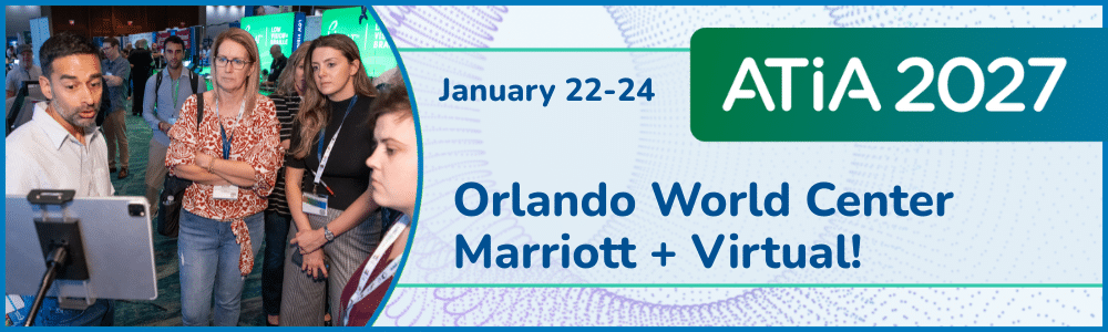 ATIA 2027 confernce banner graphic. The text reads: January 22-24. Orlando world Center Marriott & Virtual conference options available.